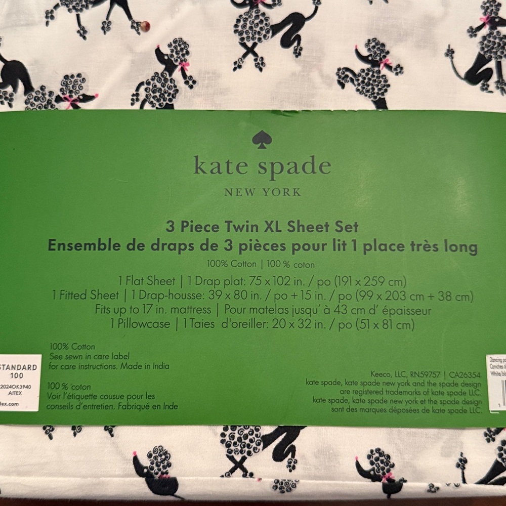 NWT! ♠️ Kate Spade Black/White Poodle Print Sheet Set Twin XL. College Dorm size - Picture 3 of 6